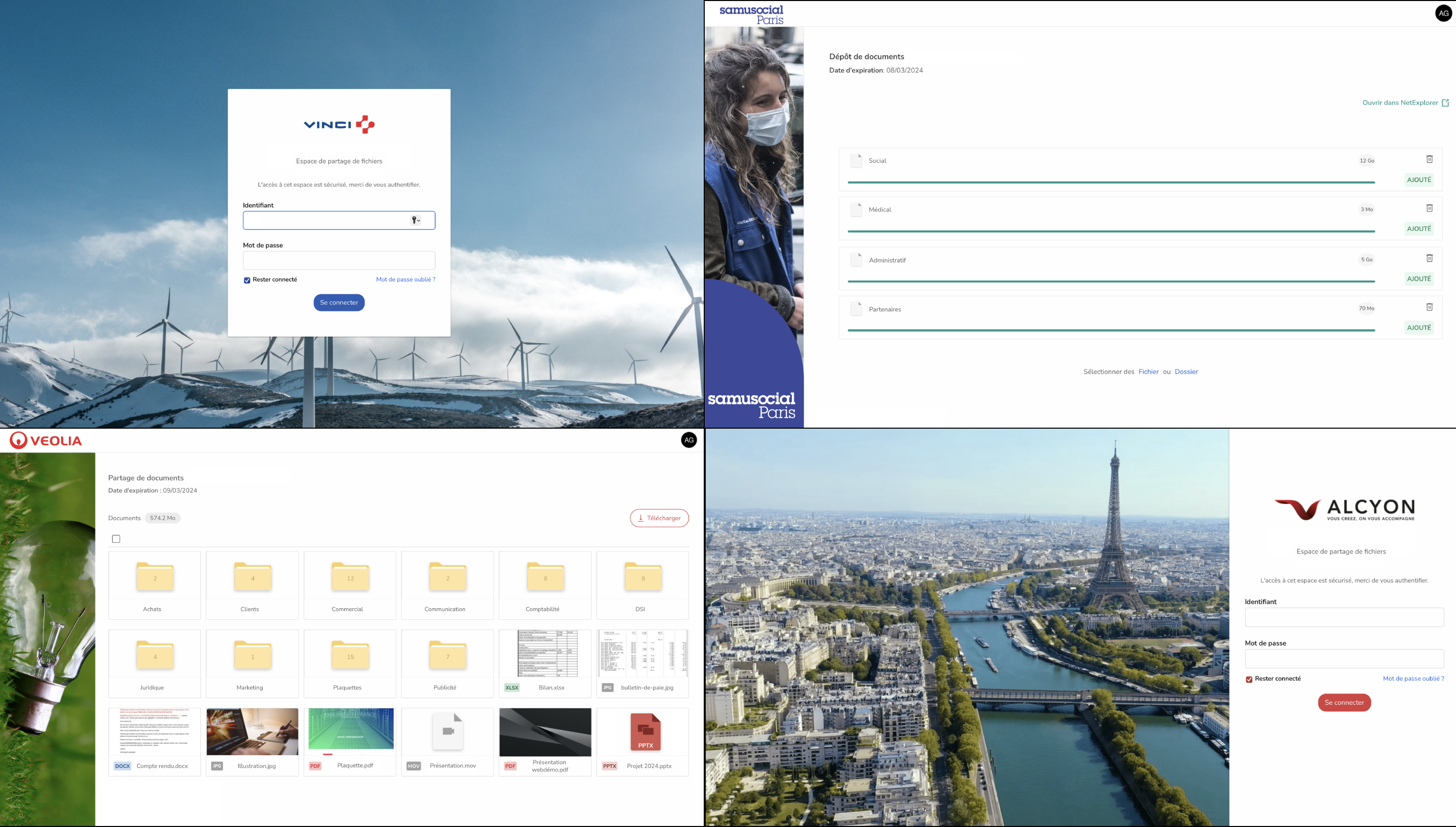 4 visuels de personnalisation de plateforme de partage de fichiers des entreprises : Vinci, Veolia, Samu Social de Paris et Alcyon