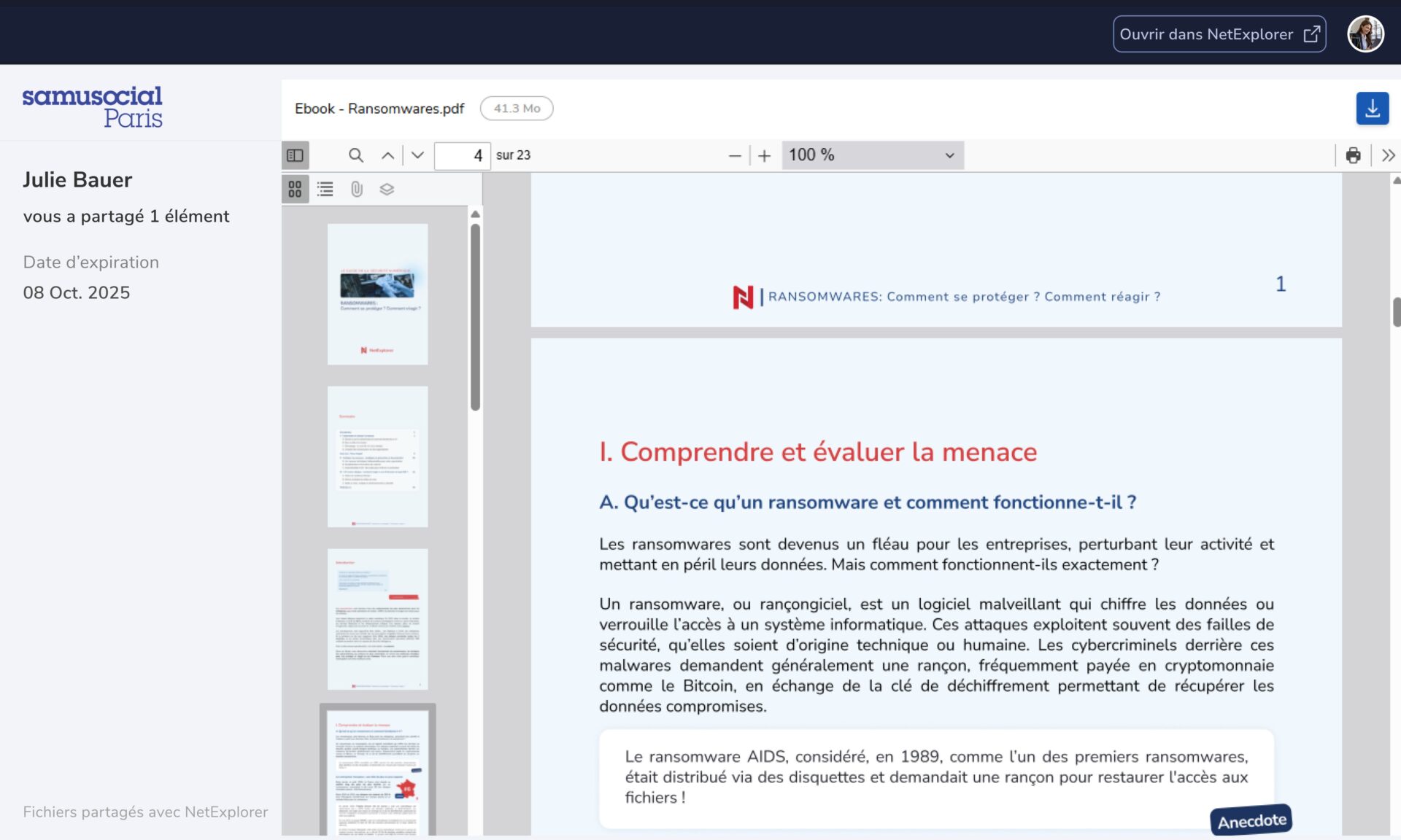 Interface de partage - réception de documents - 1 fichier en aperçu