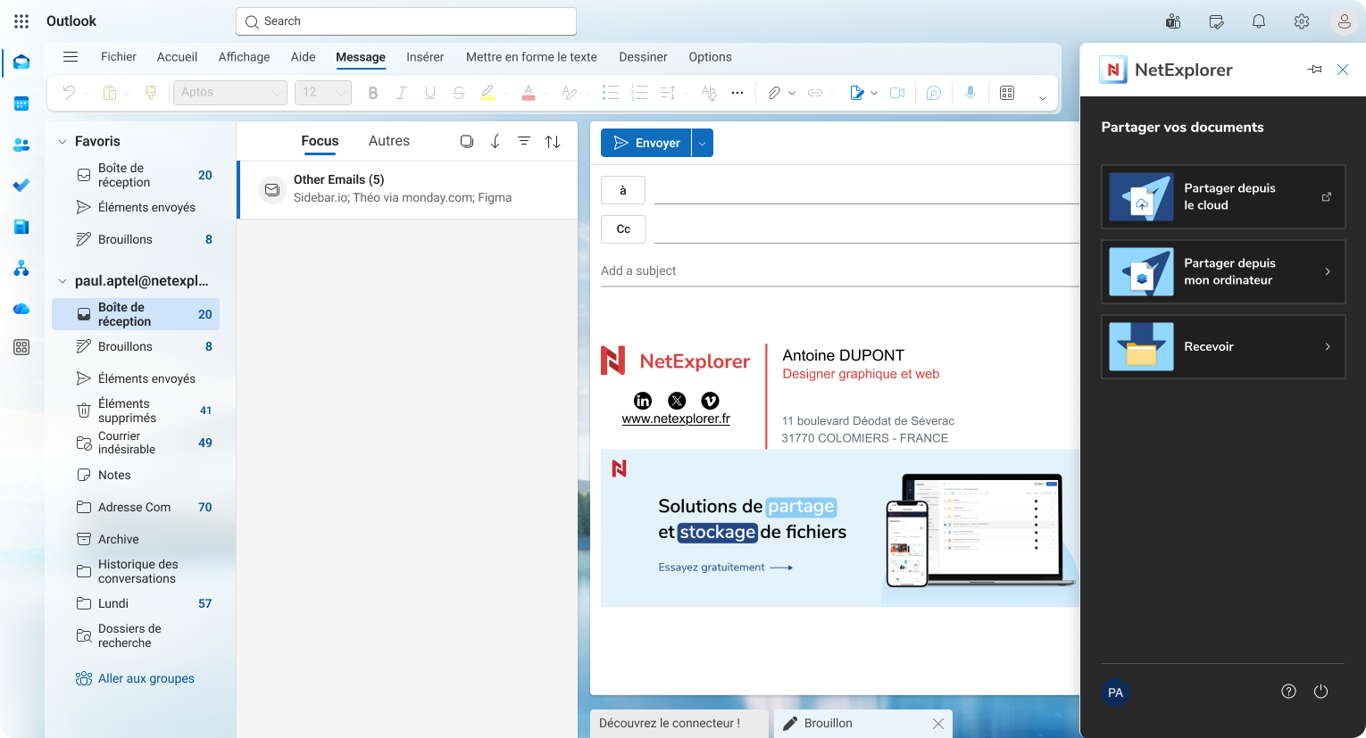 Avec le connecteur NetExplorer pour Outlook, envoyez tous vos fichiers depuis votre boîte mail Outlook, plus aucune contrainte de taille, de poids ou de formats !